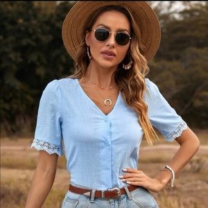 SHEIN Contrast Lace Button Up Blouse